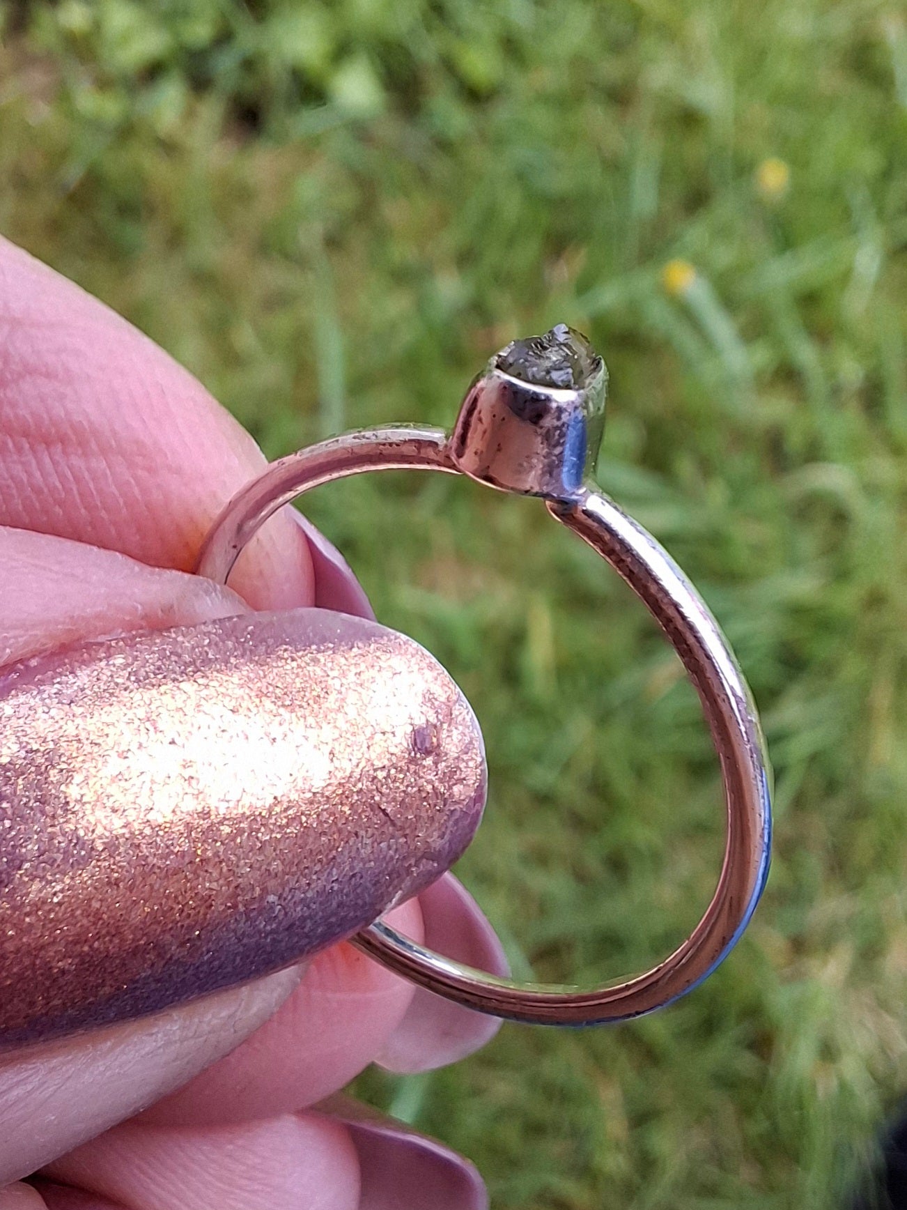 Moldavite Ring, size small P, 925 Silver, Tektite (Ref: R42)