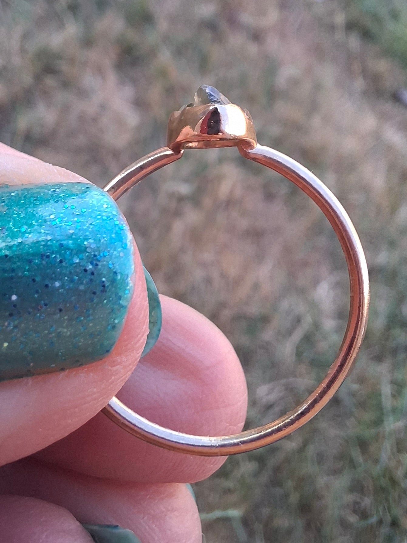 Moldavite Ring, 14K GOLD Plated, size large T, Tektite (Ref: R347)