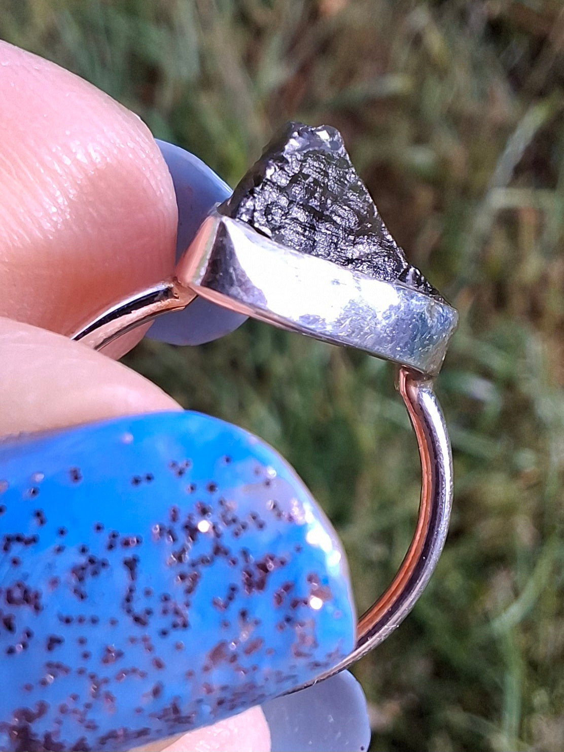 Moldavite Ring, size large J, 925 Silver, Tektite (Ref: R20)