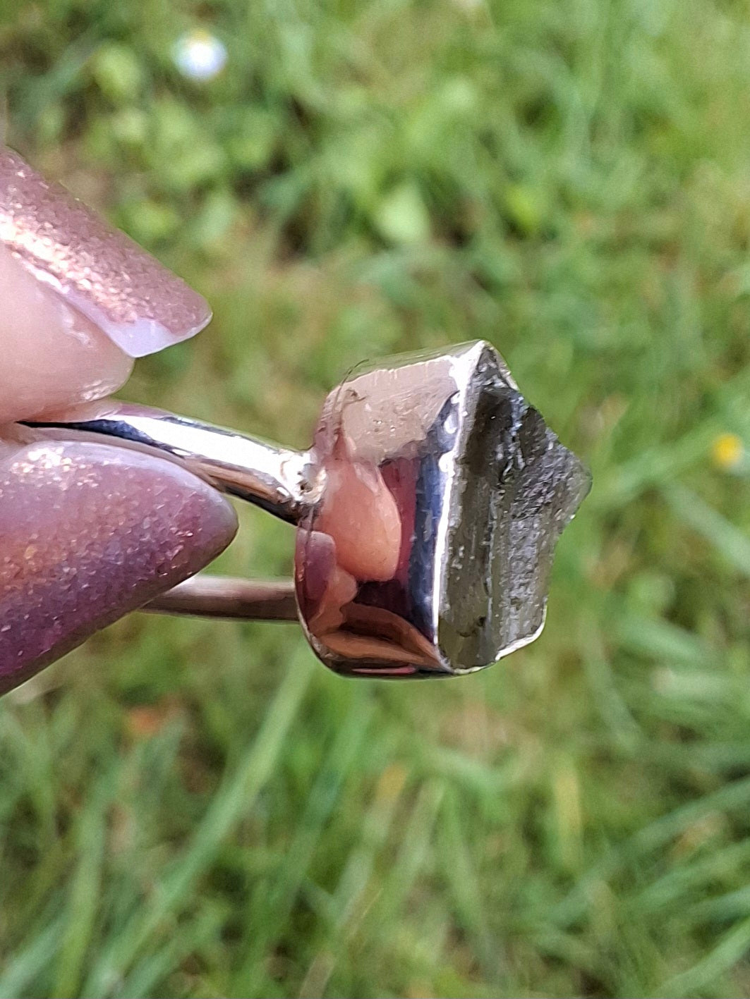 Moldavite Ring, size small W, 925 Silver, Tektite (Ref: R59)