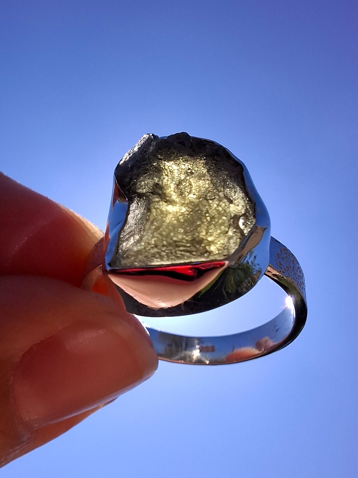 Moldavite Ring, size R, 925 Silver, Tektite (Ref: R318)