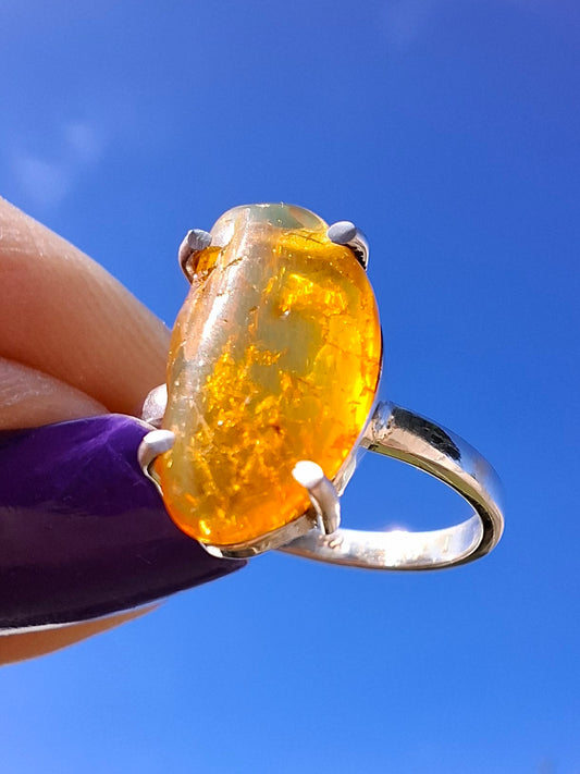 Baltic Amber Ring, size large L, 925 Silver, Fossil (Ref: AR3)