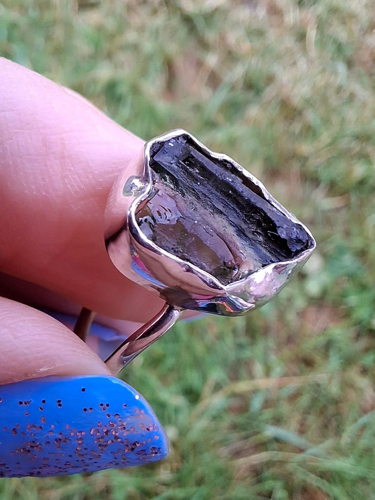 Moldavite Ring, size large N, 925 Silver, Tektite (Ref: R25)