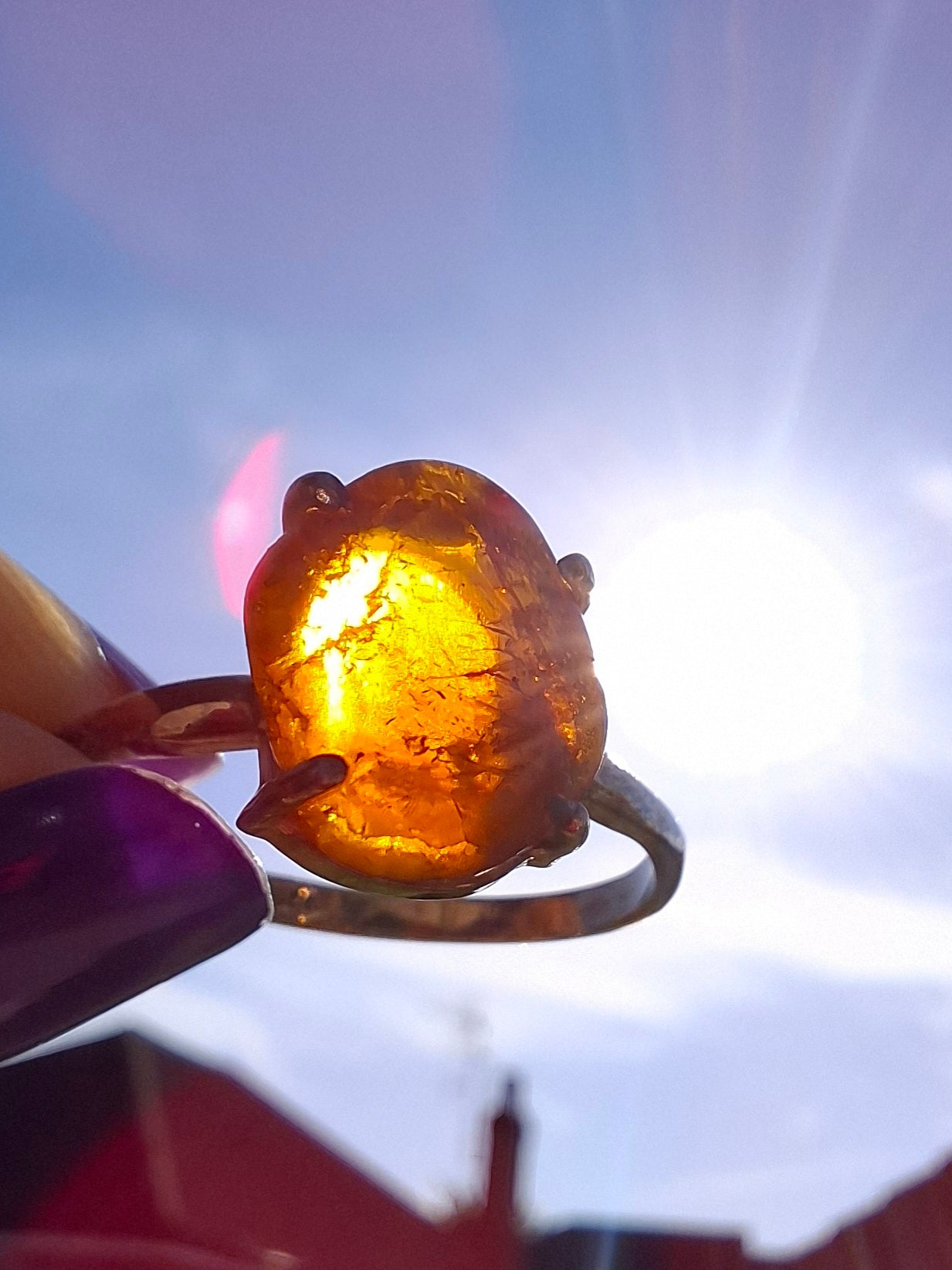 Baltic Amber Ring, size large X, 925 Silver, Fossil (Ref: AR35)