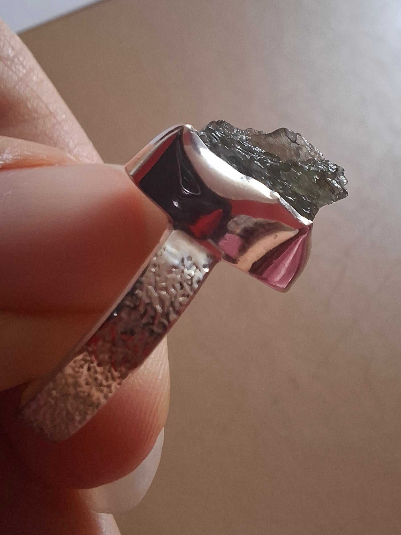 Moldavite Ring, size K, 925 Silver, Tektite (Ref: R302)