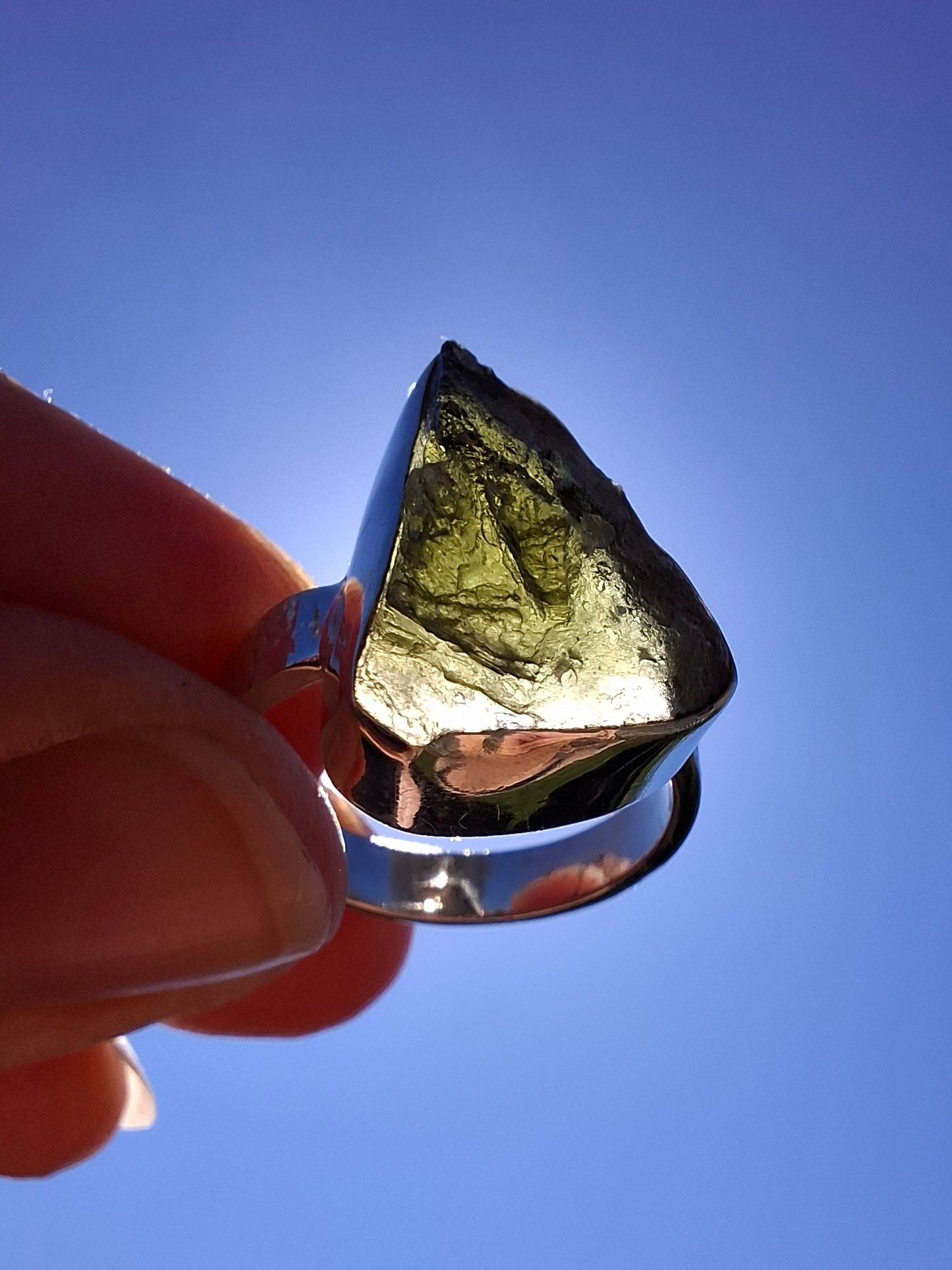 Moldavite Ring, size small K, 925 Silver, Tektite (Ref: R299)