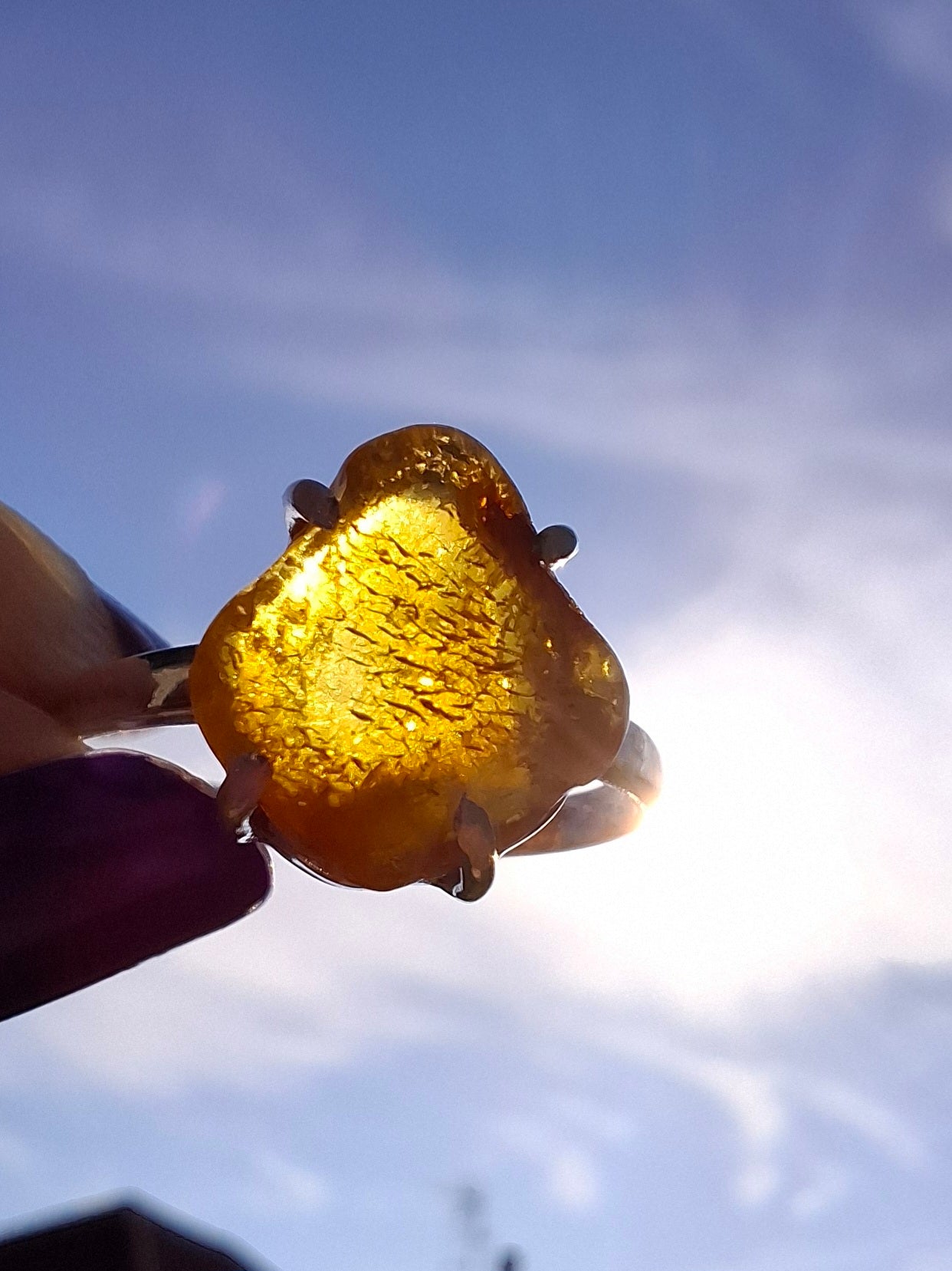 Baltic Amber Ring, size large R, 925 Silver, Fossil (Ref: AR16)