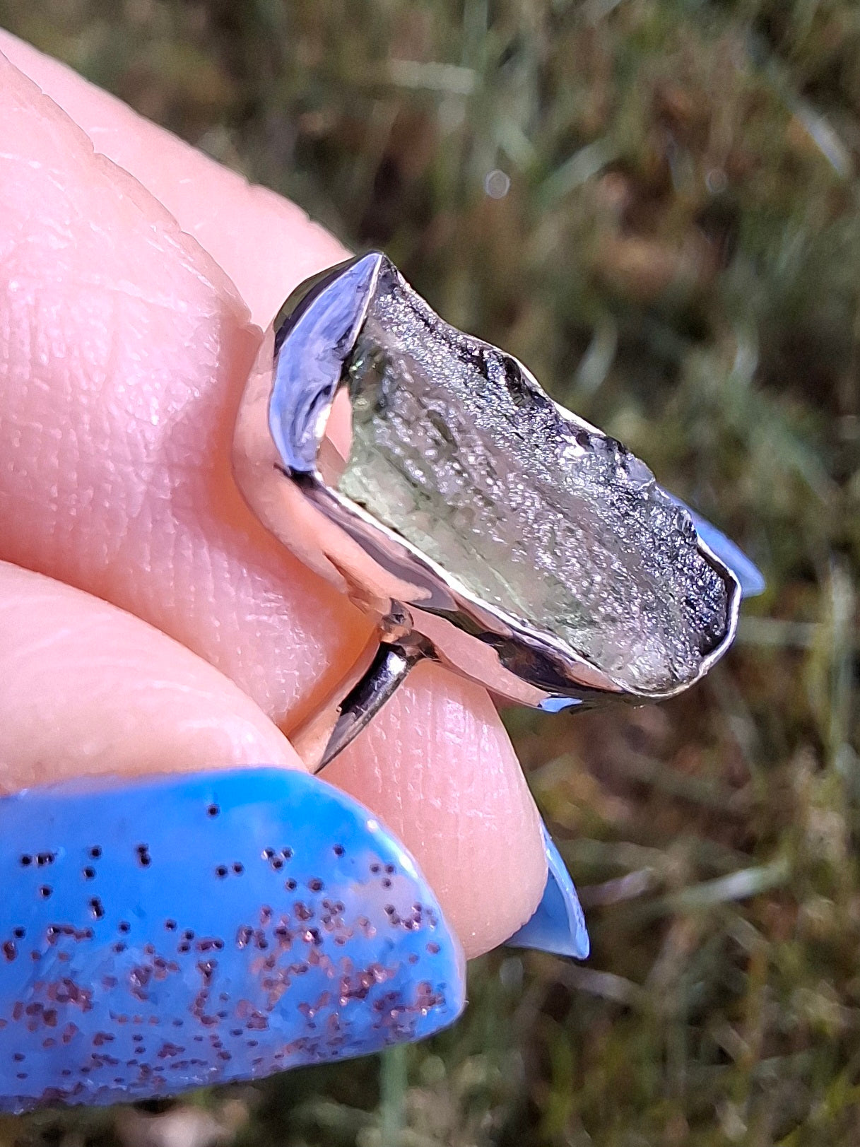 Moldavite Ring, size K, 925 Silver, Tektite (Ref: R21)