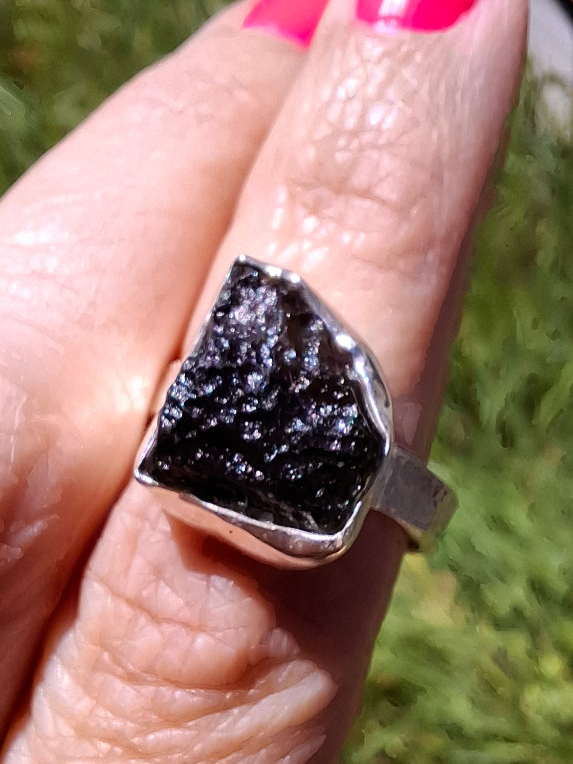Moldavite Ring, size P, 925 Silver, Tektite (Ref: R314)