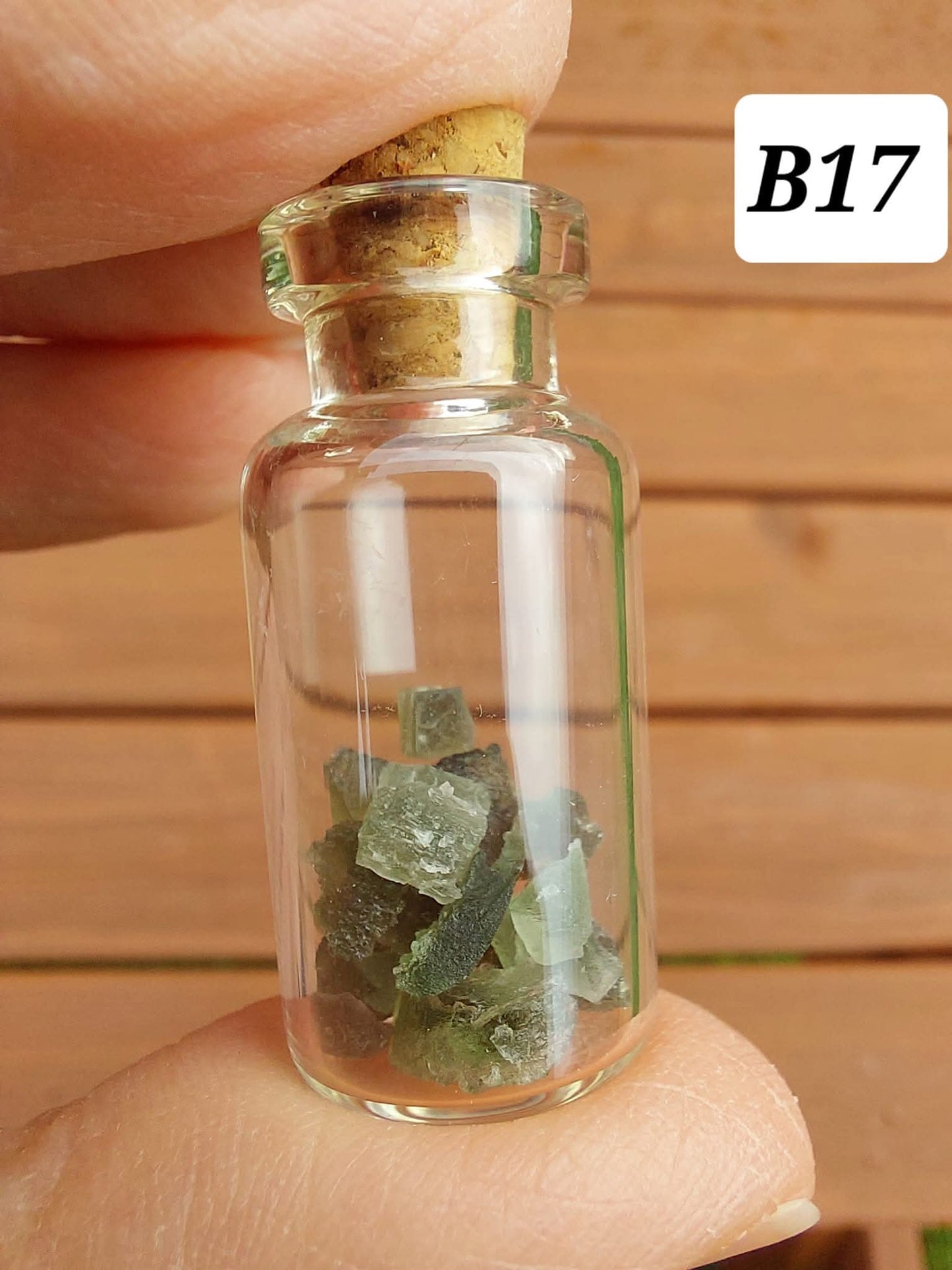 Moldavite chips (1.50g) in 3ml glass Bottle, Tektite (Ref: B17)