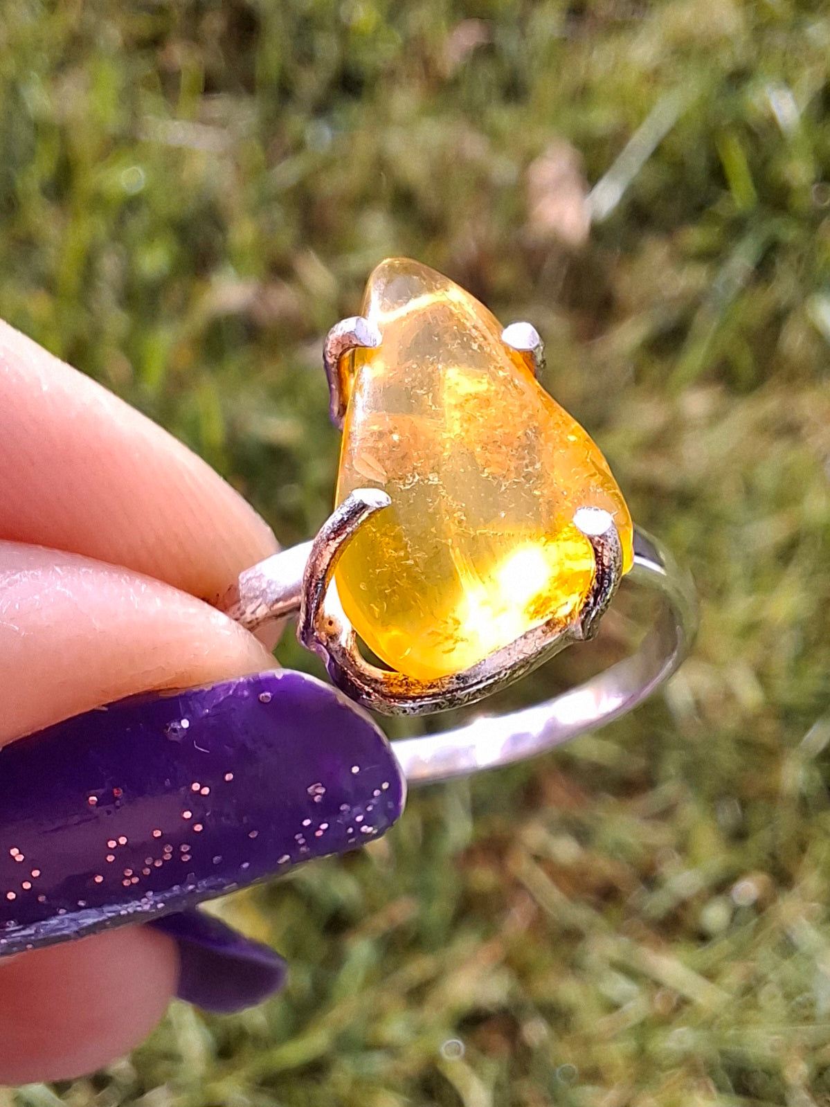 Baltic Amber Ring, size large U, 925 Silver, Fossil (Ref: AR21)