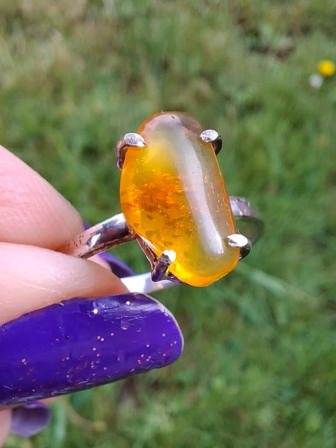 Baltic Amber Ring, size large T, 925 Silver, Fossil (Ref: AR18)