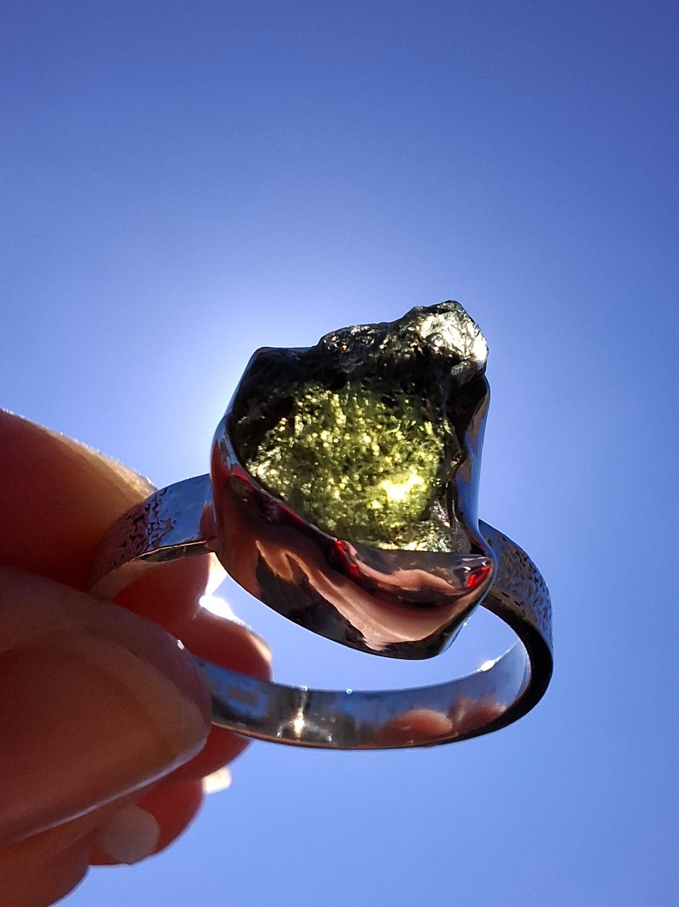 Moldavite Ring, size V, 925 Silver, Tektite (Ref: R326)