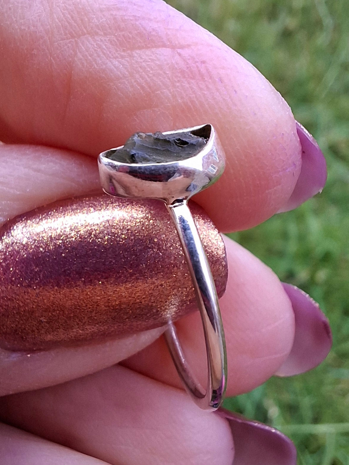 Moldavite Ring, size small L, 925 Silver, Tektite (Ref: R35)