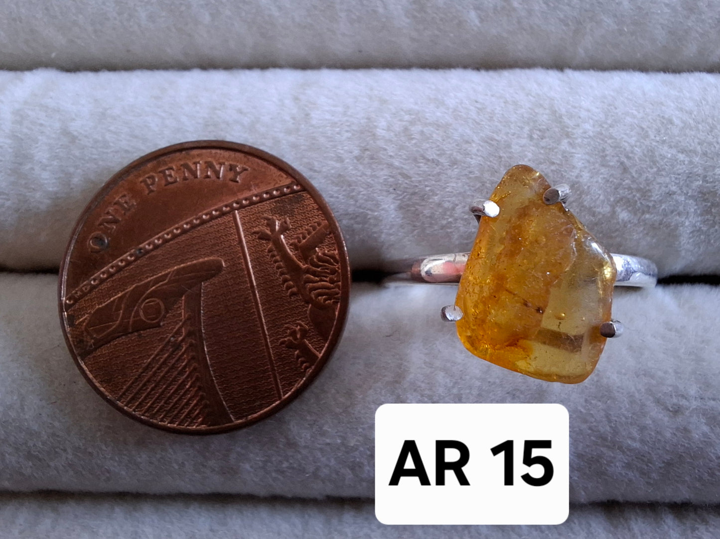 Baltic Amber Ring, size large R, 925 Silver, Fossil (Ref: AR15)