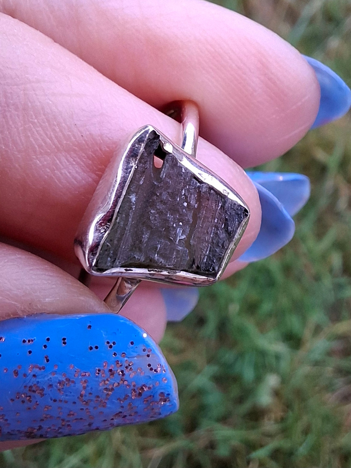 Moldavite Ring, size large P/small Q, 925 Silver, Tektite (Ref: R26)