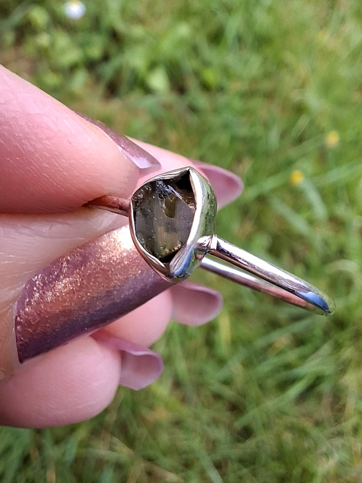 Moldavite Ring, size large T, 925 Silver, Tektite (Ref: R70)