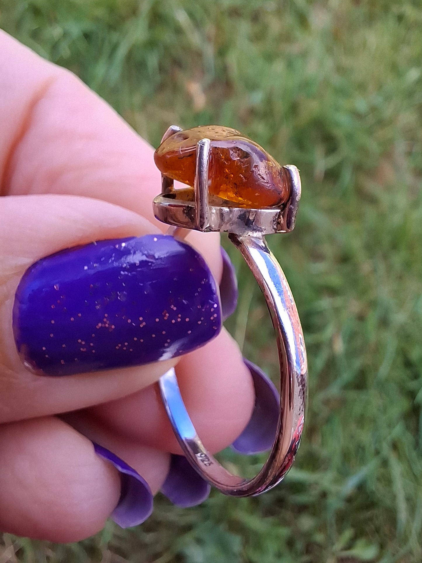 Baltic Amber Ring, size large X, 925 Silver, Fossil (Ref: AR34)