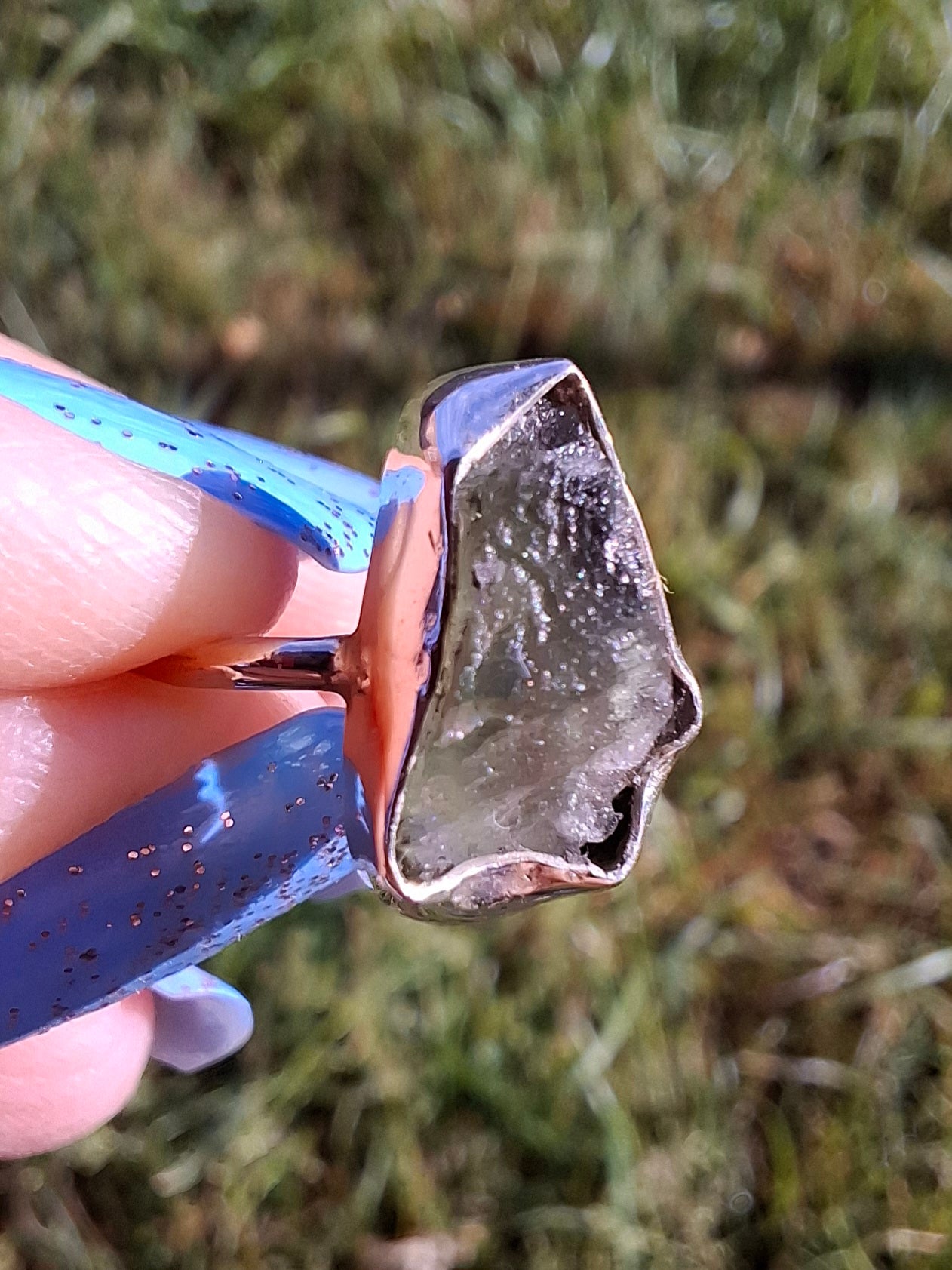 Moldavite Ring, size large G/small H, 925 Silver, Tektite (Ref: R19)