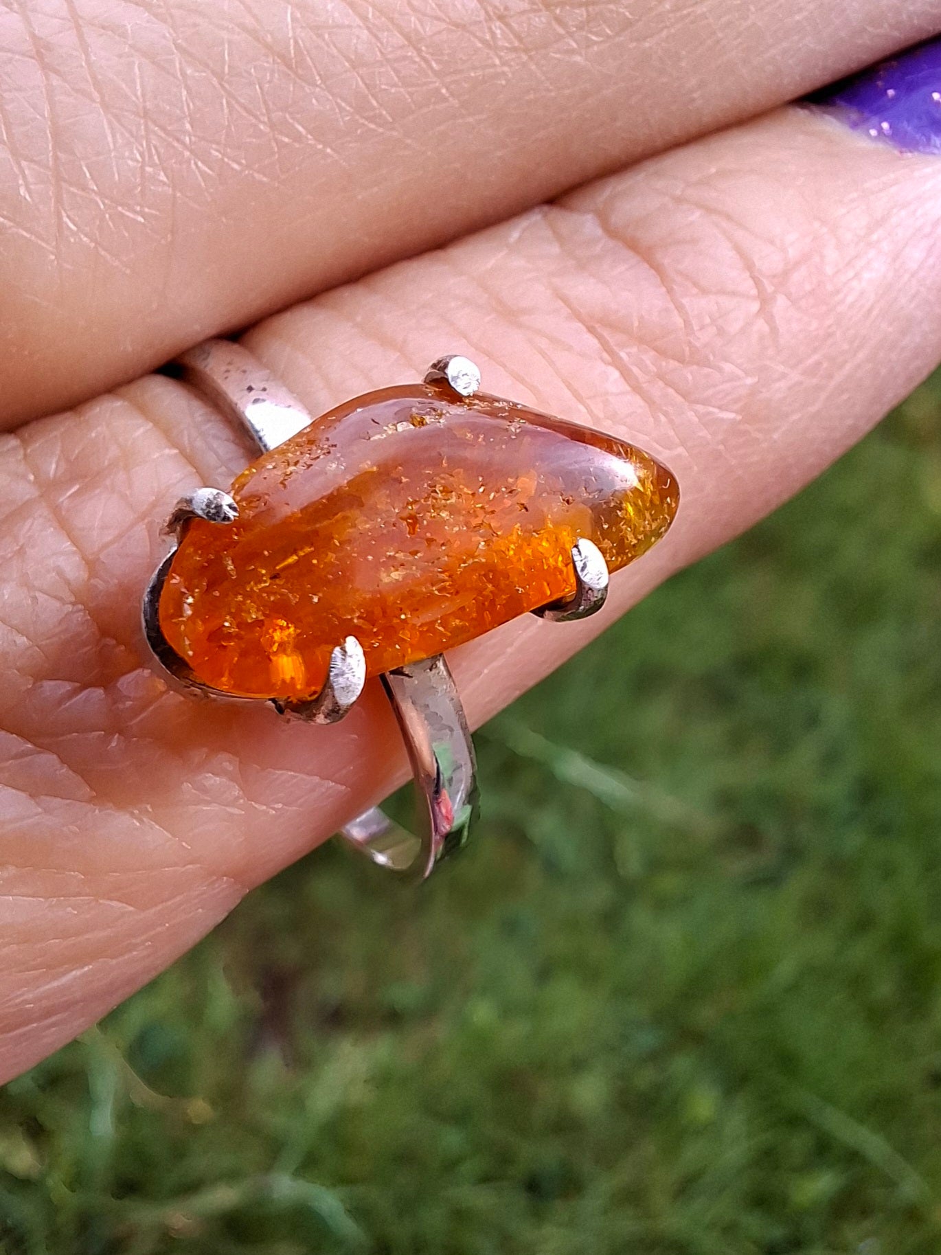 Baltic Amber Ring, size large T/small U, 925 Silver, Fossil (Ref: AR19)