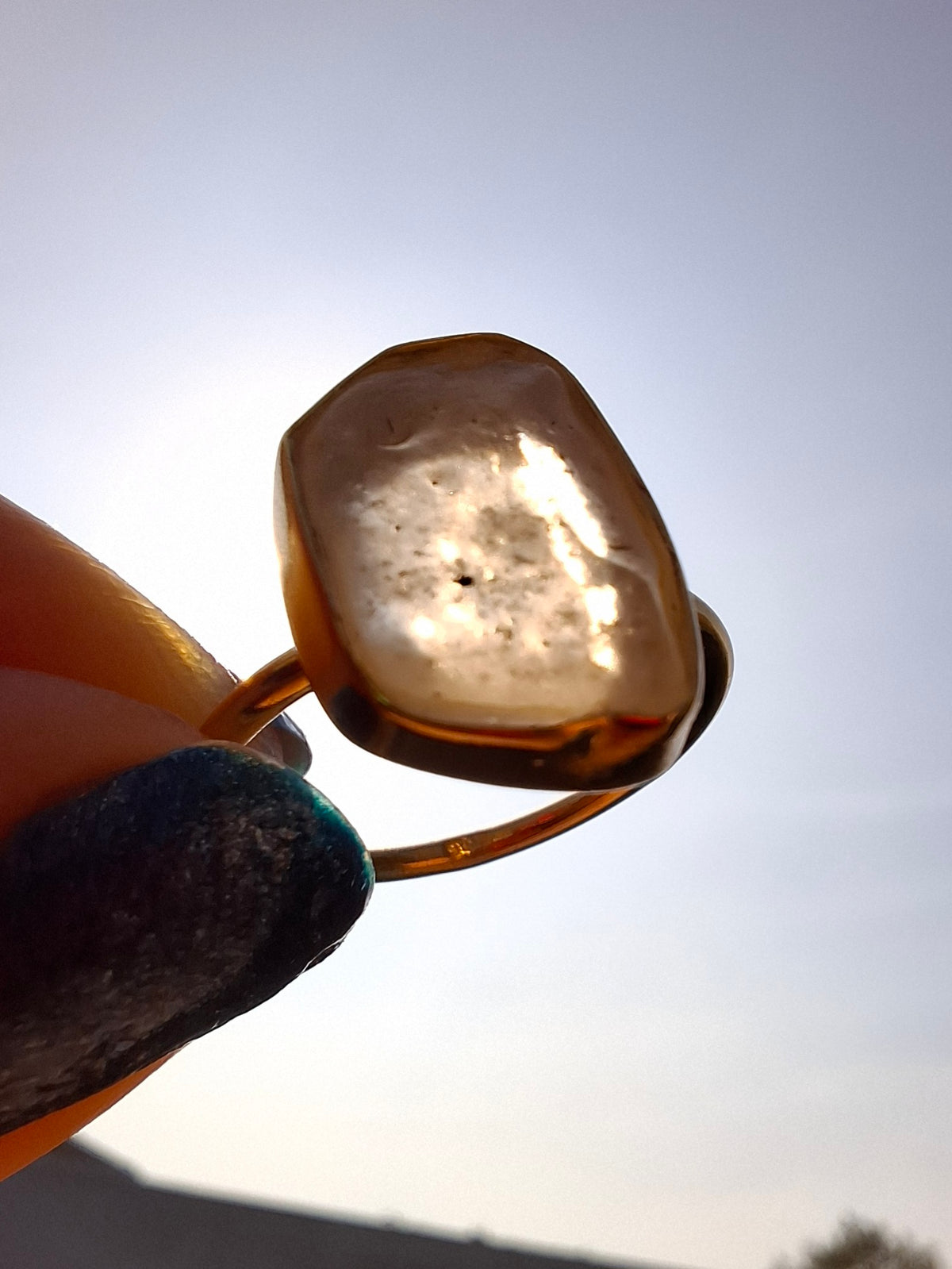 Libyan Desert Glass Ring, 14K GOLD Plated, size large O, Tektite (Ref: LR71)