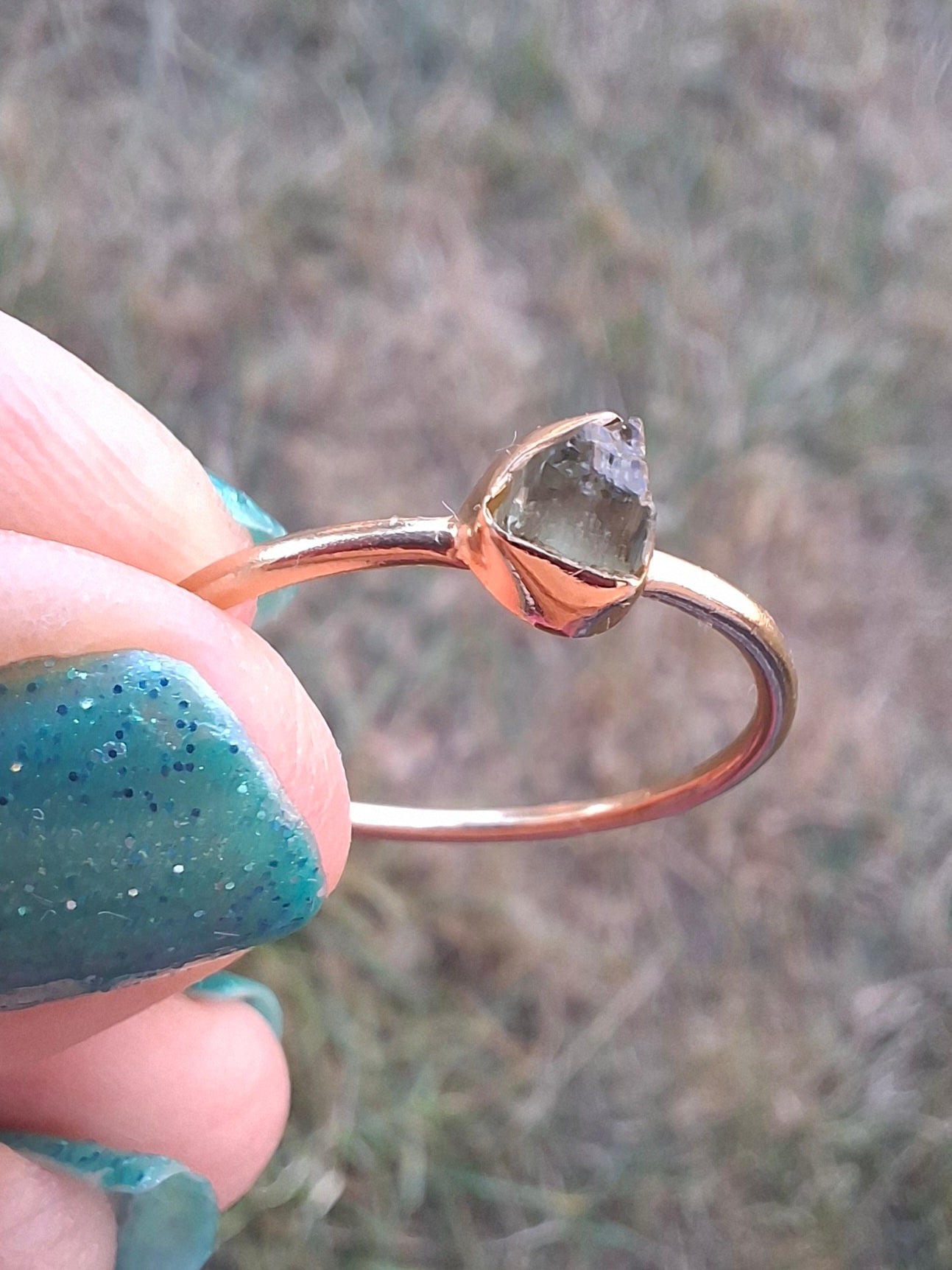 Moldavite Ring, 14K GOLD Plated, size large S / small T, Tektite (Ref: R352)