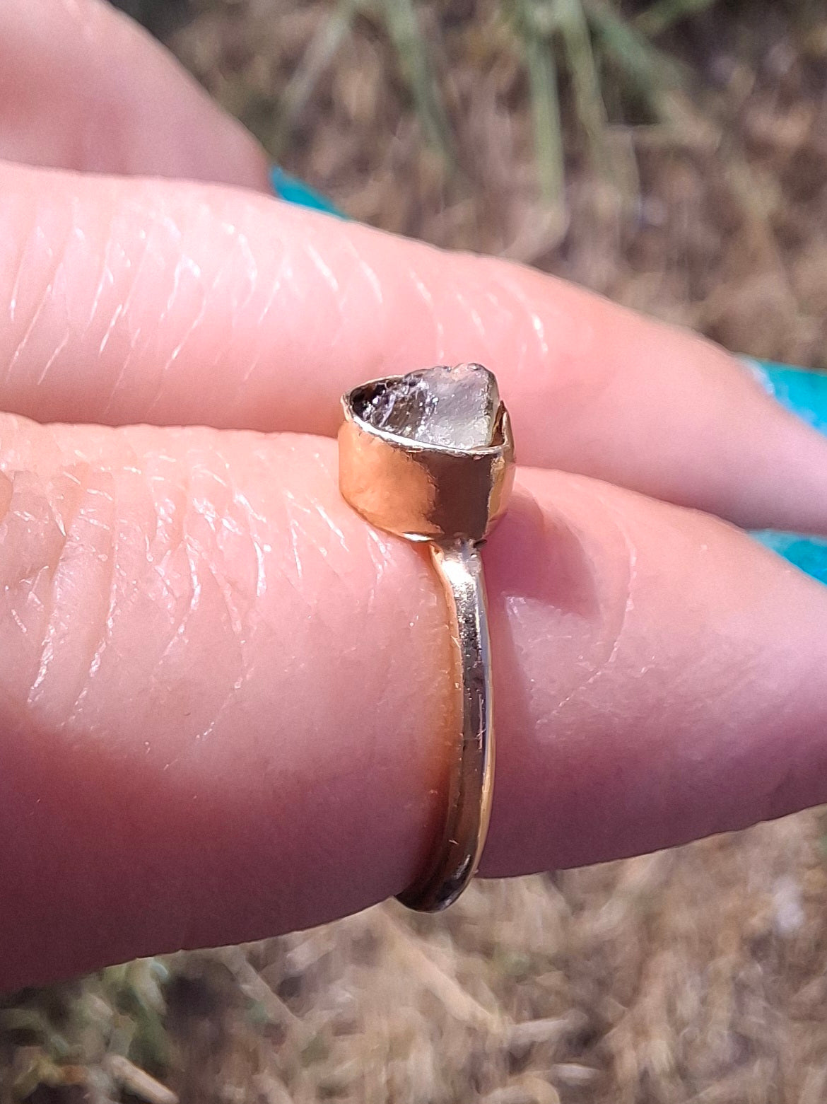 Moldavite Ring, 14K GOLD Plated, size large G / small H, Tektite (Ref: R334)