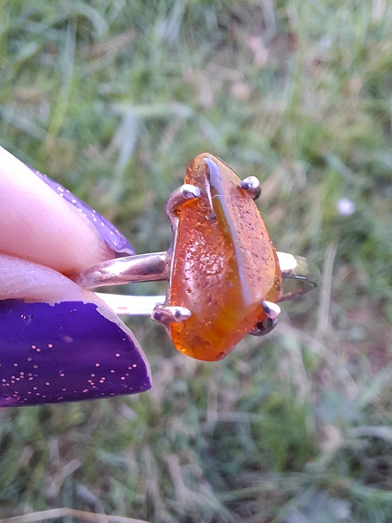 Baltic Amber Ring, size large V, 925 Silver, Fossil (Ref: AR26)
