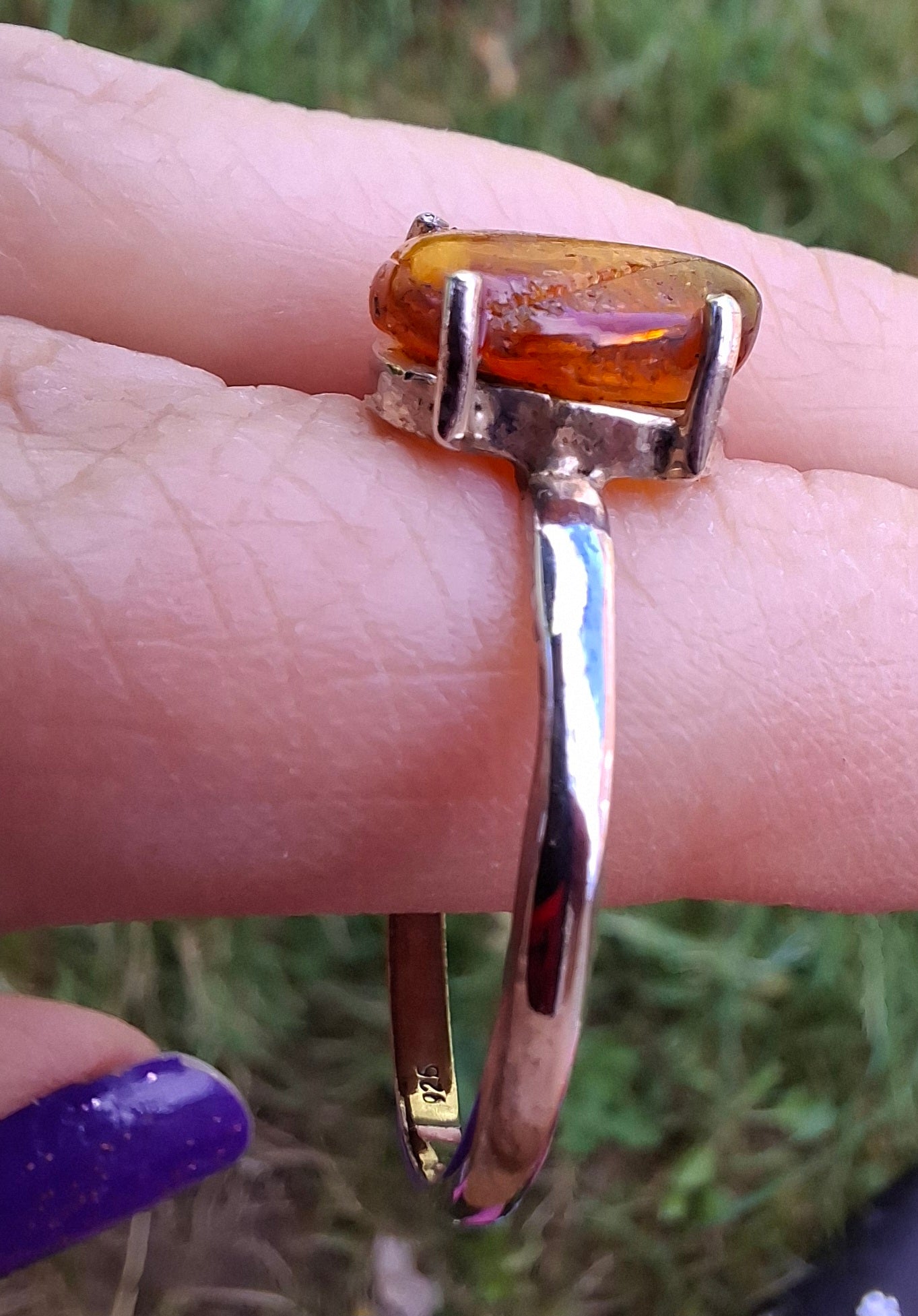 Baltic Amber Ring, size large X, 925 Silver, Fossil (Ref: AR35)