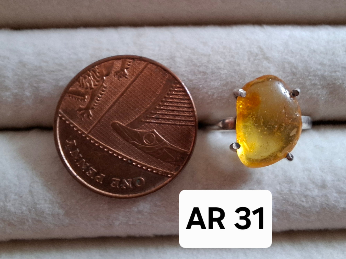 Baltic Amber Ring, size large K, 925 Silver, Fossil (Ref: AR31)