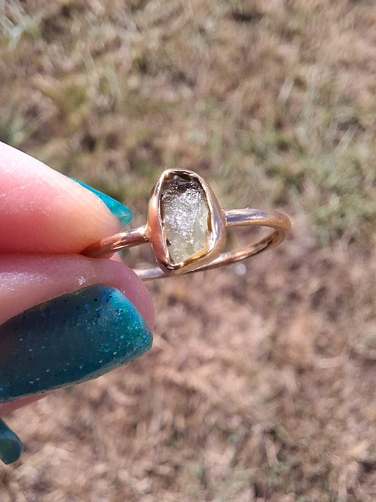 Moldavite Ring, 14K GOLD Plated, size small L, Tektite (Ref: R342)