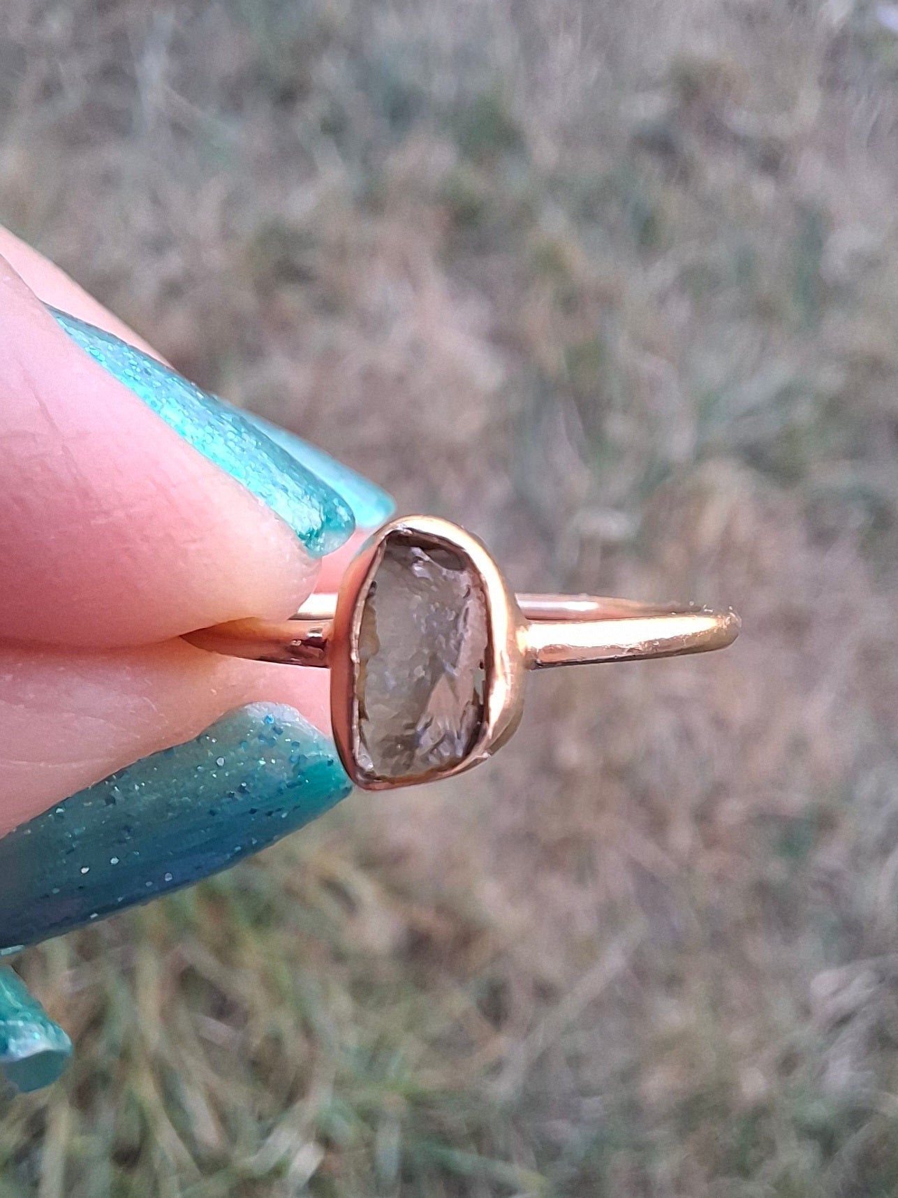 Moldavite Ring, 14K GOLD Plated, size small L, Tektite (Ref: R342)
