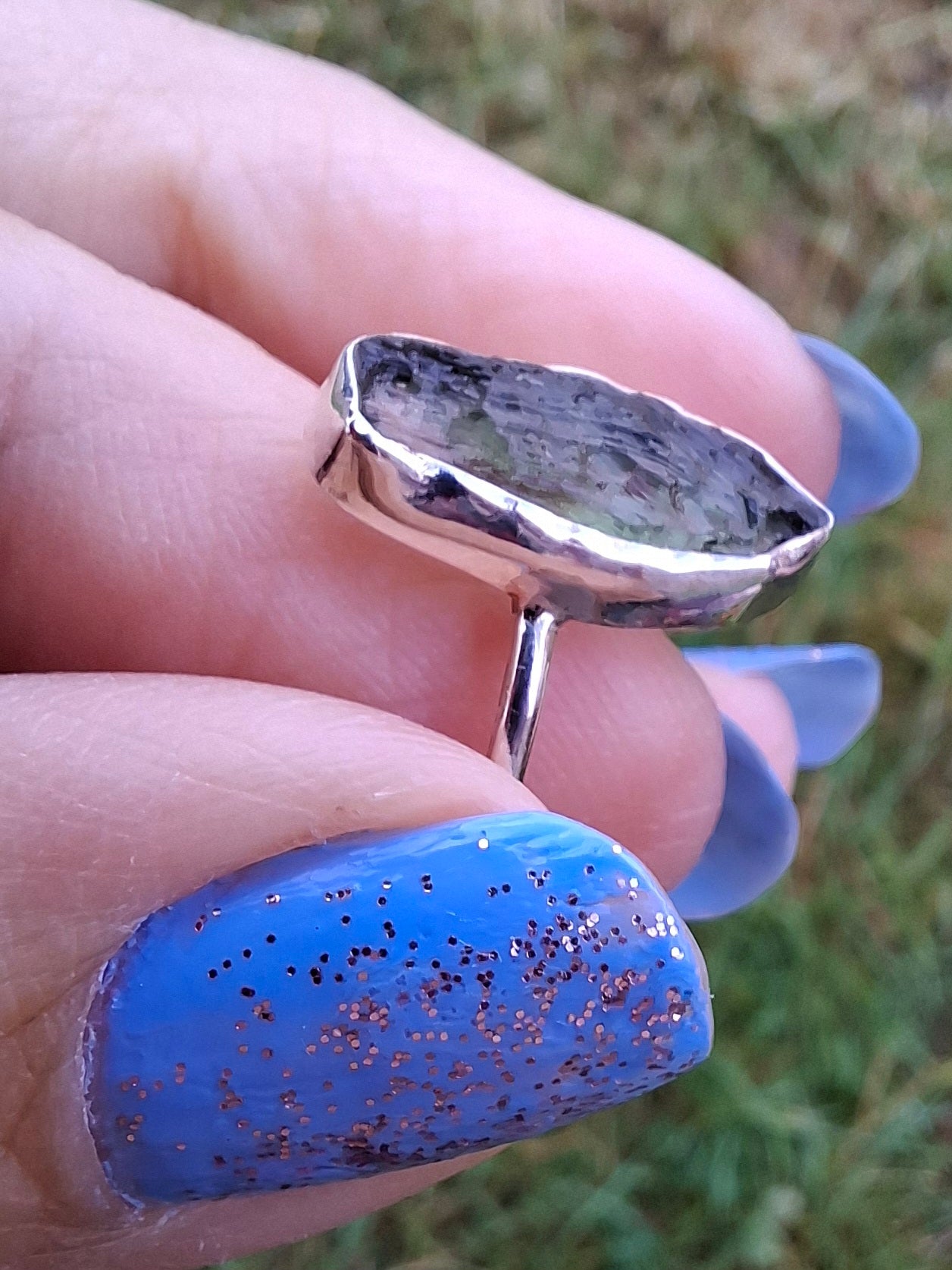 Moldavite Ring, size large R, 925 Silver, Tektite (Ref: R27)