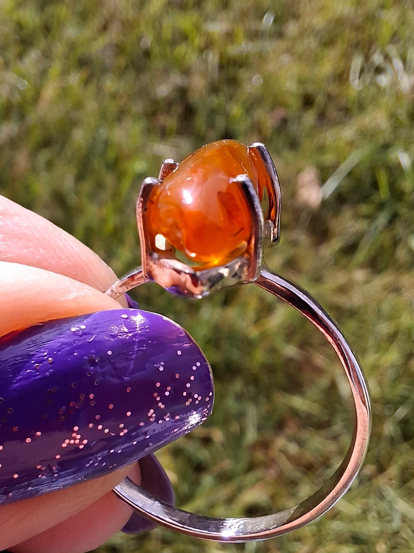 Baltic Amber Ring, size large V, 925 Silver, Fossil (Ref: AR23)