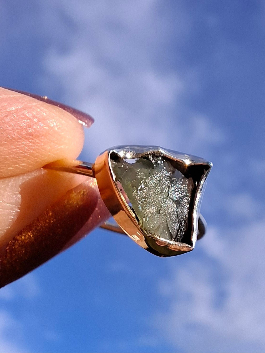 Moldavite Ring, size large T, 925 Silver, Tektite (Ref: R28)