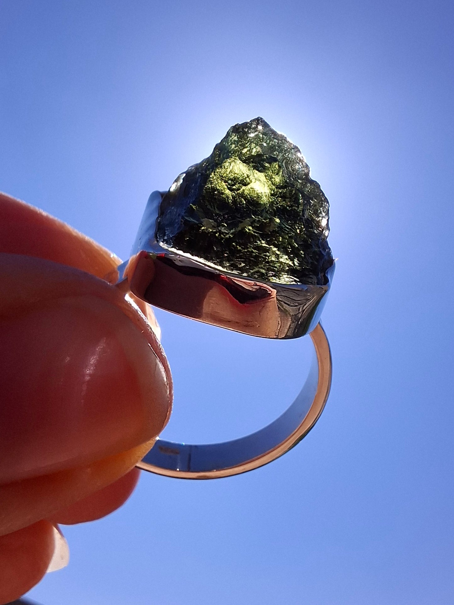Moldavite Ring, size O, 925 Silver, Tektite (Ref: R312)