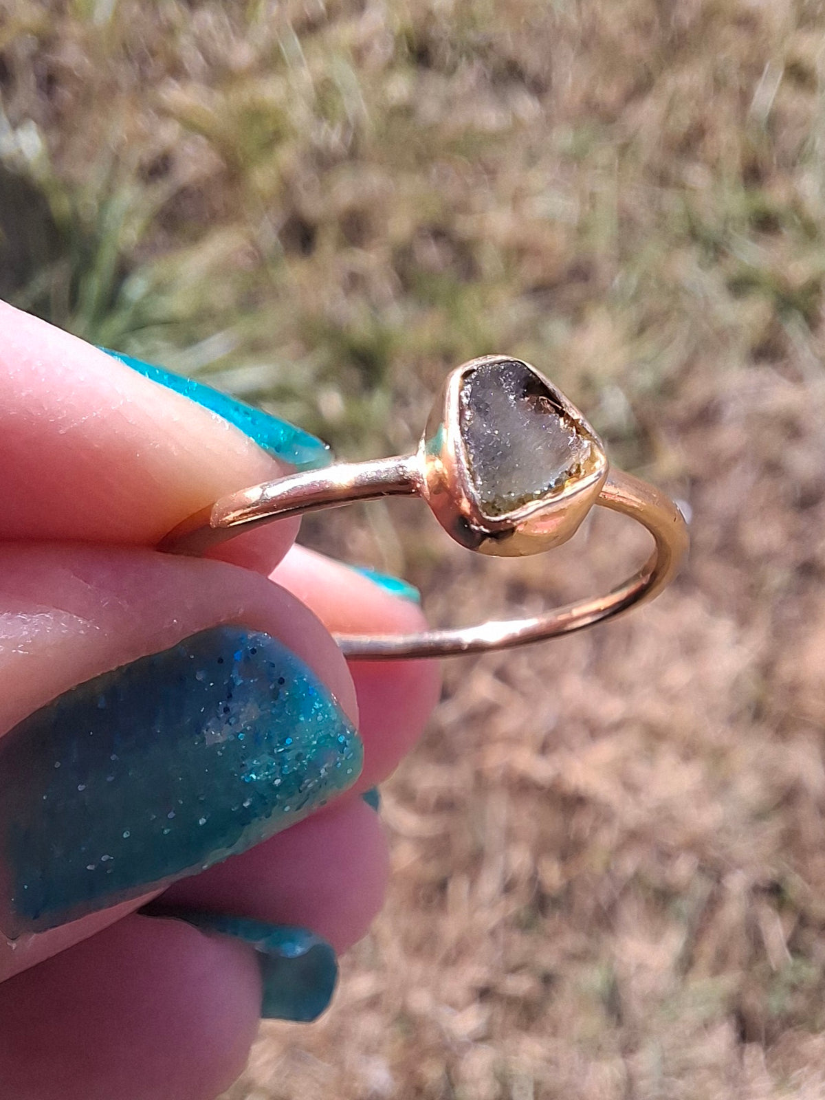 Moldavite Ring,14K GOLD Plated, size large O, Tektite (Ref: R344)