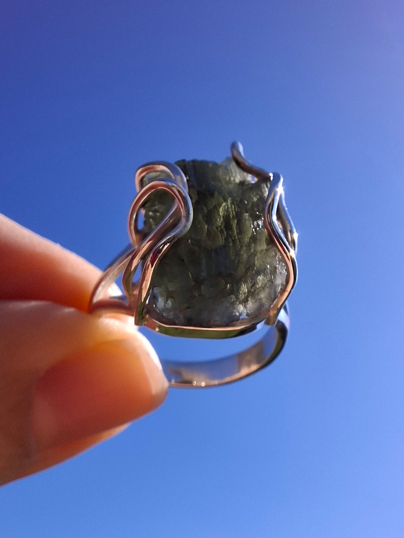Moldavite Ring, size Q, 925 Silver, Tektite (Ref: R10)