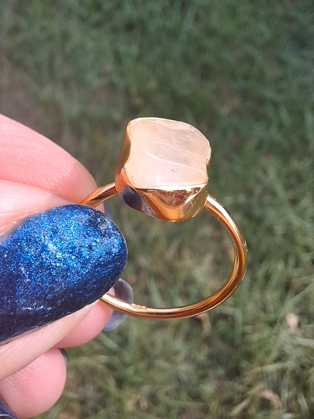 Libyan Desert Glass Ring, 14K GOLD Plated, size large N, Tektite (Ref: LR79)