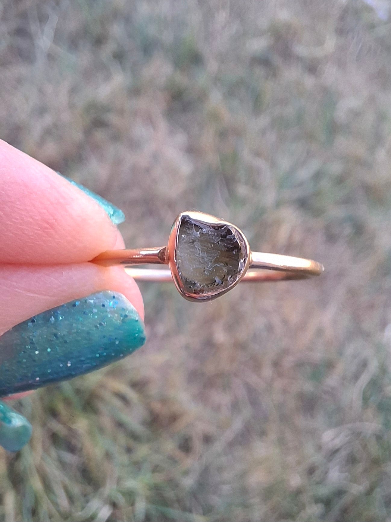 Moldavite Ring, 14K GOLD Plated, size U, Tektite (Ref: R348)