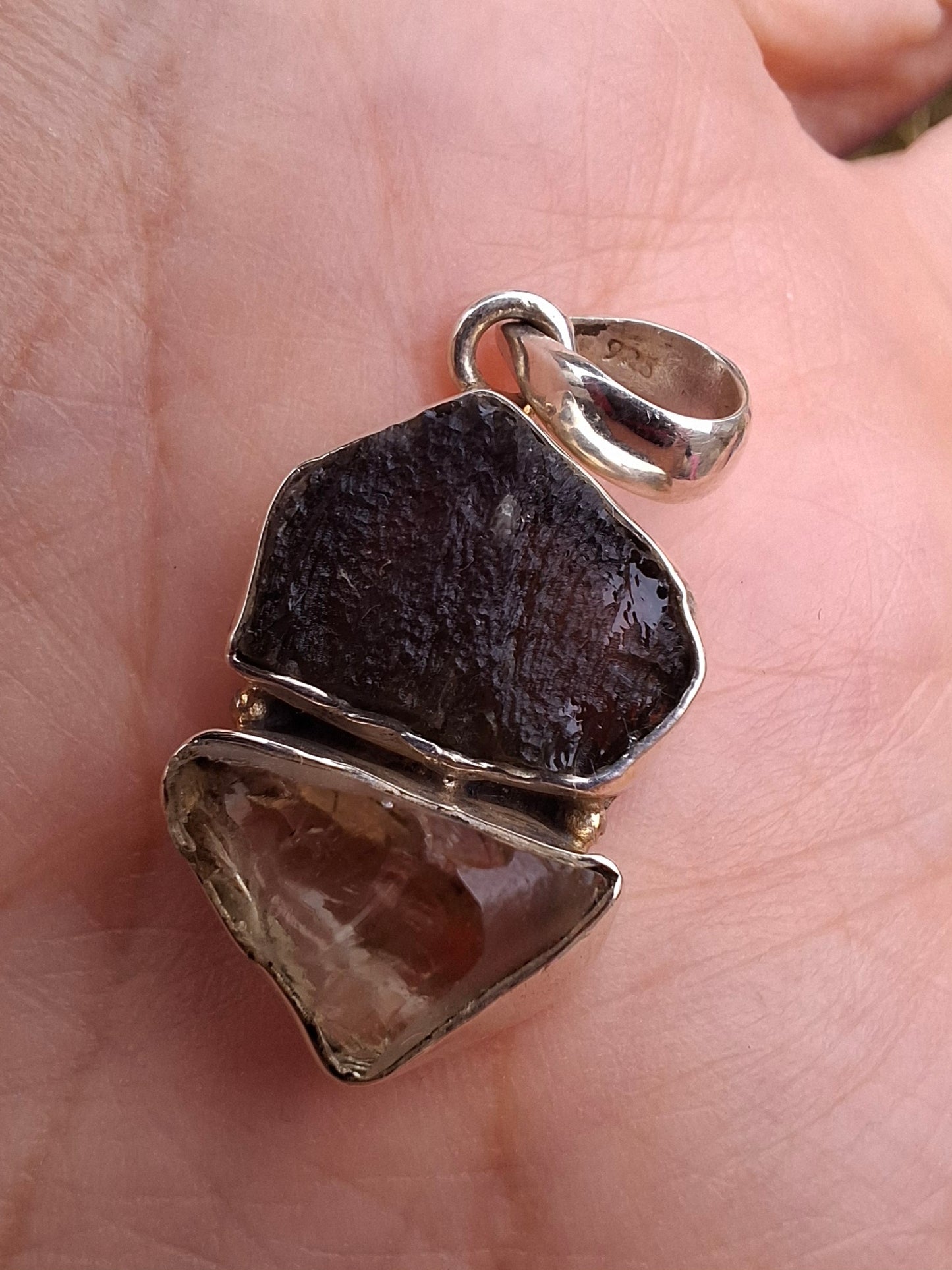 Moldavite & Libyan Desert Glass Pendant, 925 Silver, Tektite (Ref: MLP3)
