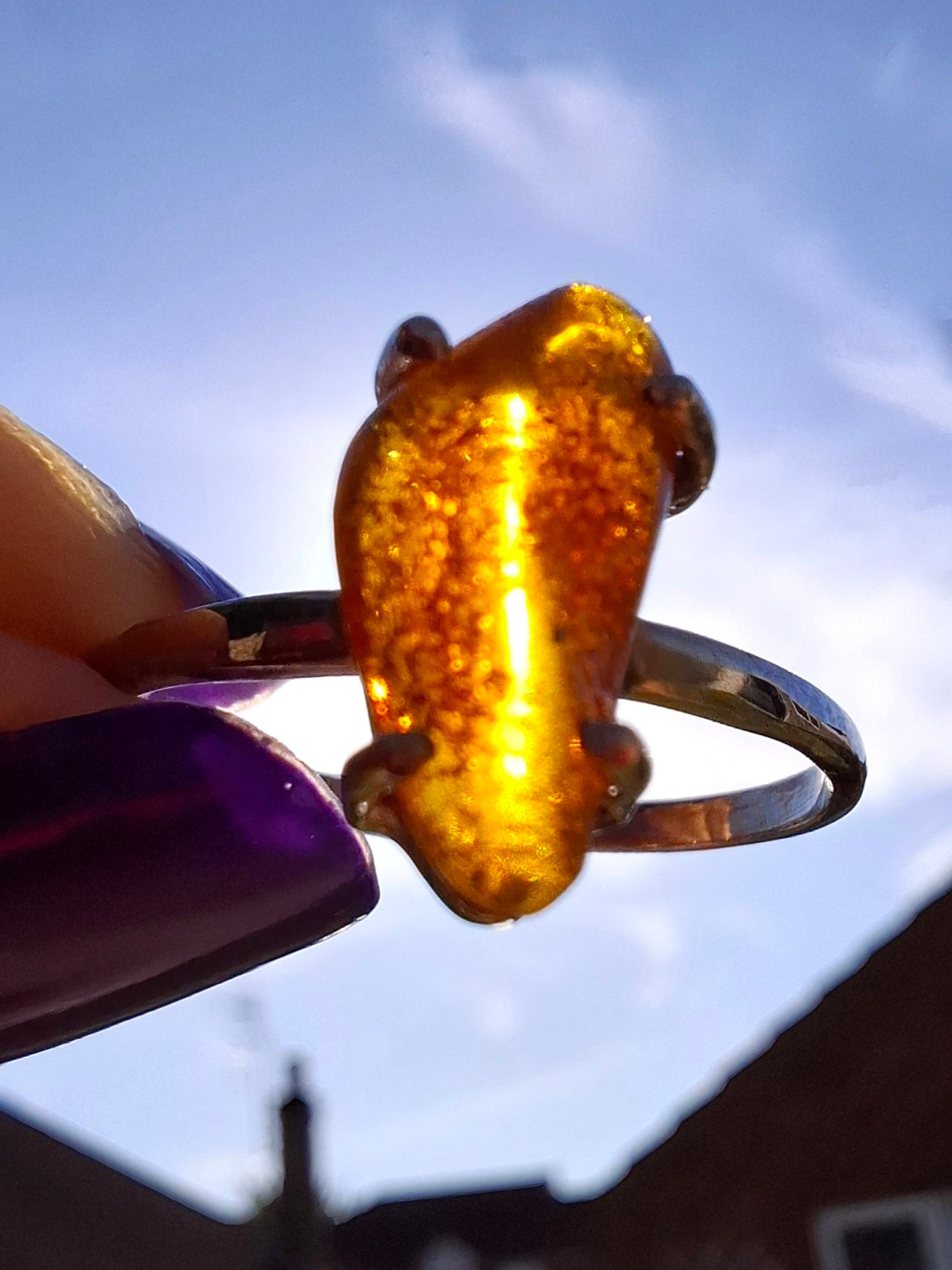 Baltic Amber Ring, size large V, 925 Silver, Fossil (Ref: AR26)