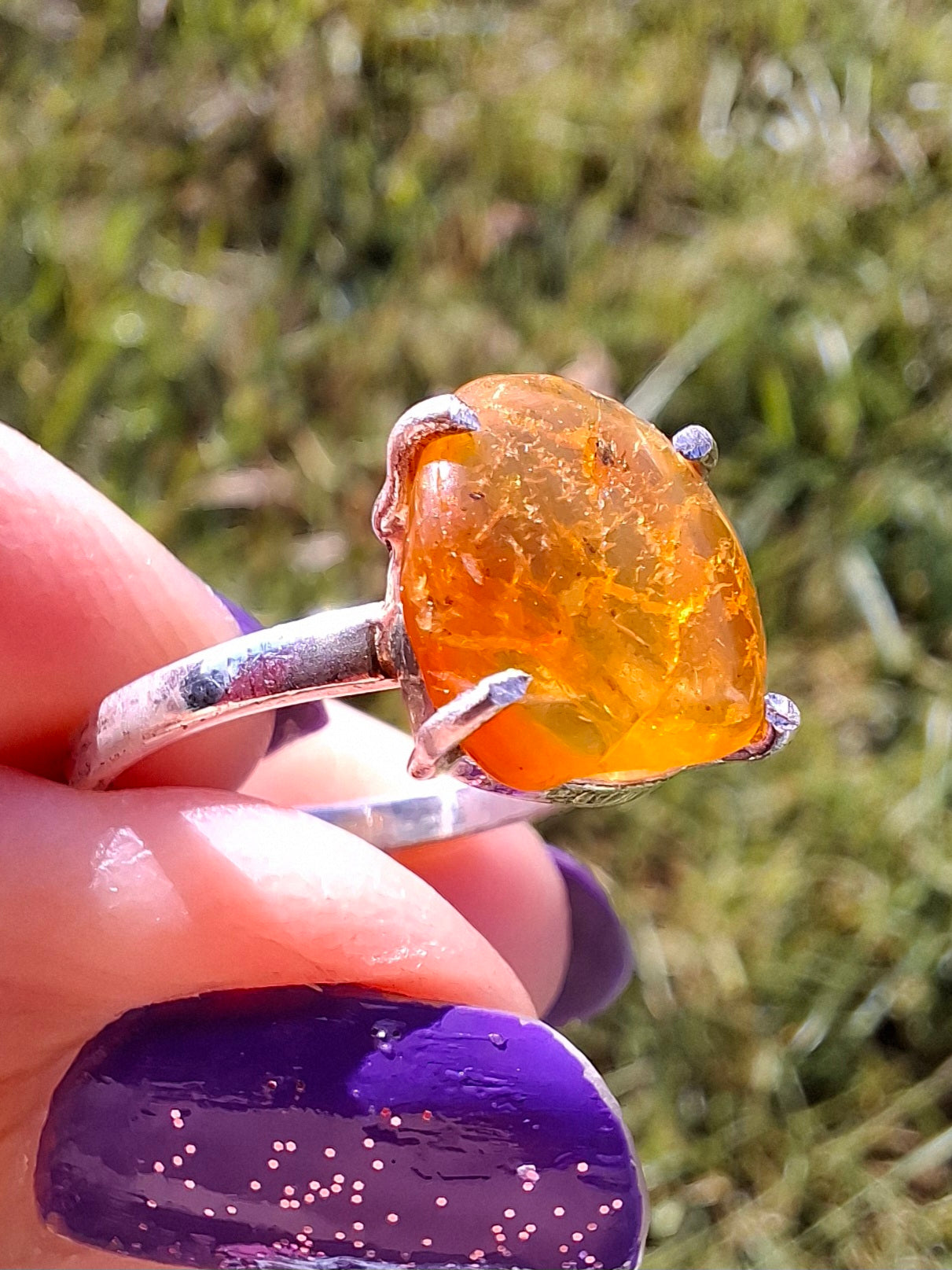 Baltic Amber Ring, size large Q, 925 Silver, Fossil (Ref: AR14)