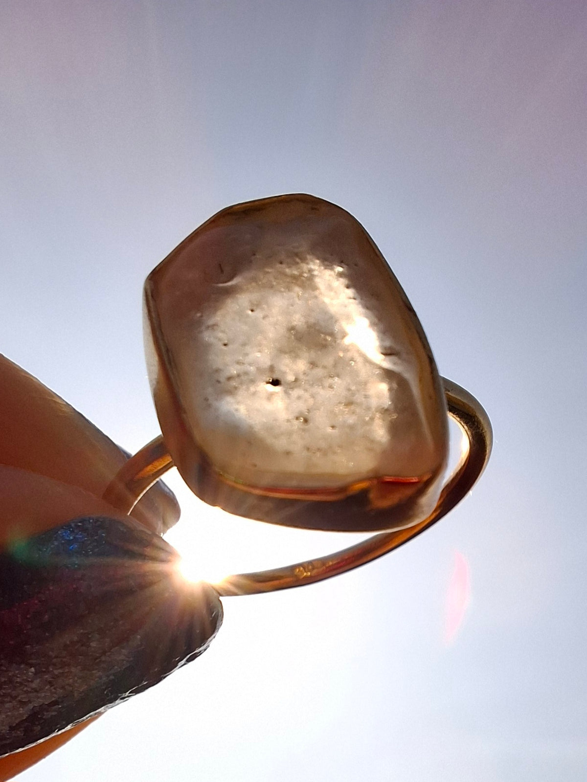 Libyan Desert Glass Ring, 14K GOLD Plated, size large O, Tektite (Ref: LR71)