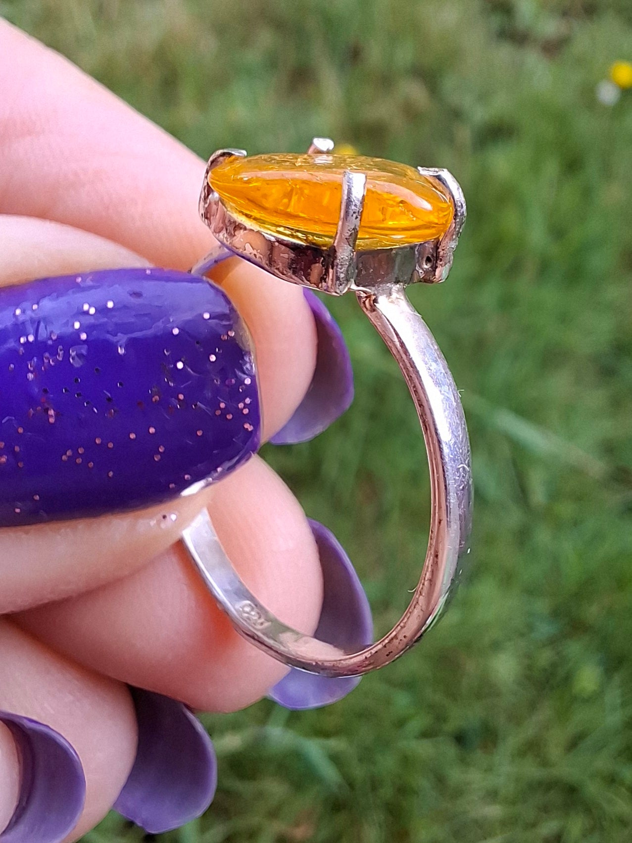 Baltic Amber Ring, size large R, 925 Silver, Fossil (Ref: AR17)