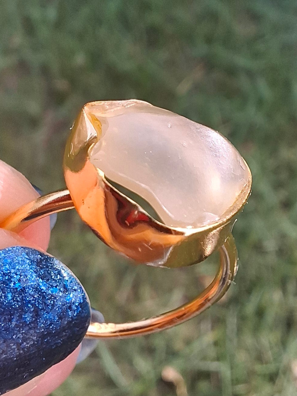 Libyan Desert Glass Ring, 14K GOLD Plated, size large M, Tektite (Ref: LR78)