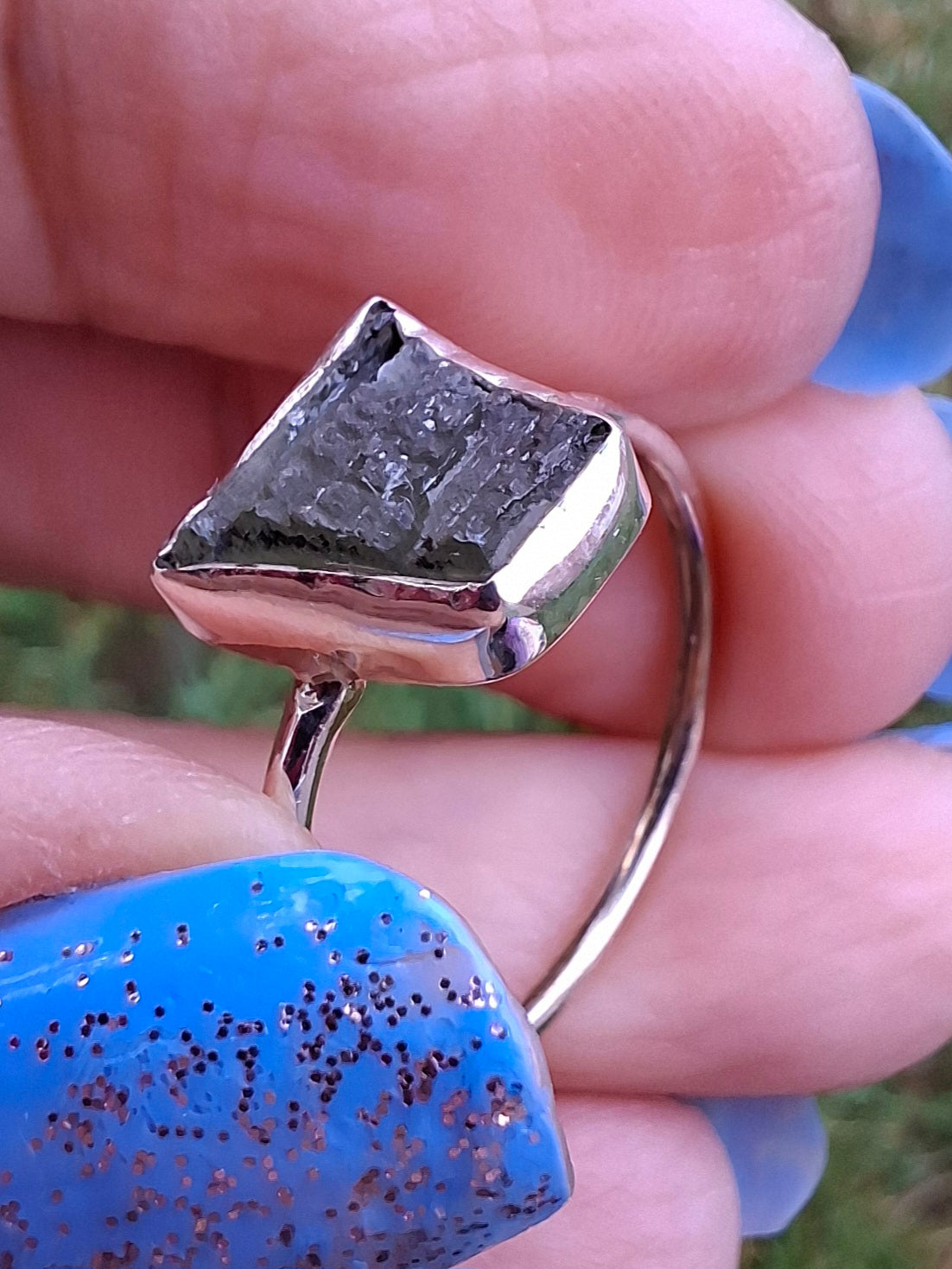Moldavite Ring, size large P/small Q, 925 Silver, Tektite (Ref: R26)