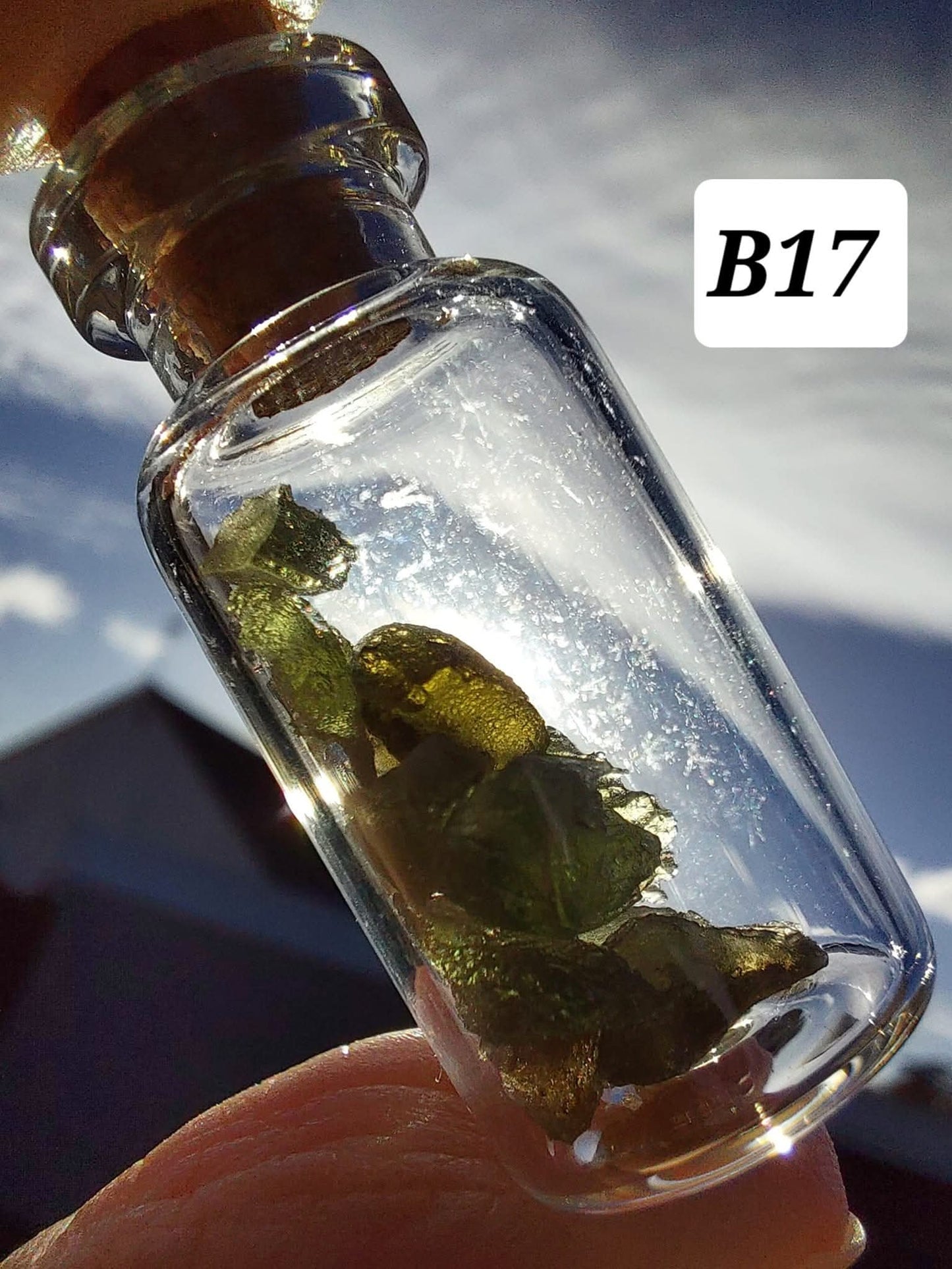 Moldavite chips (1.50g) in 3ml glass Bottle, Tektite (Ref: B17)