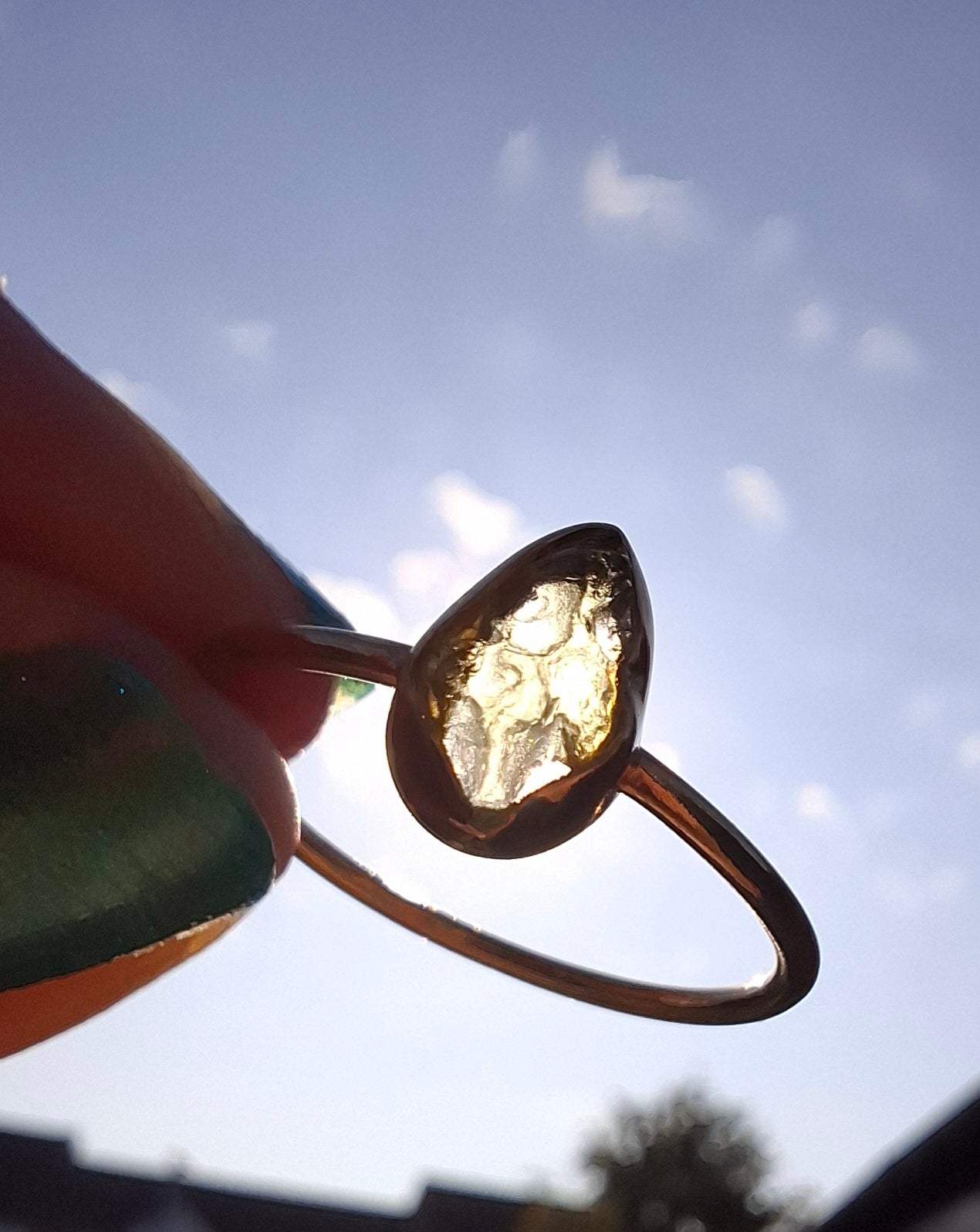 Moldavite Ring, 14K GOLD Plated, size large T, Tektite (Ref: R347)