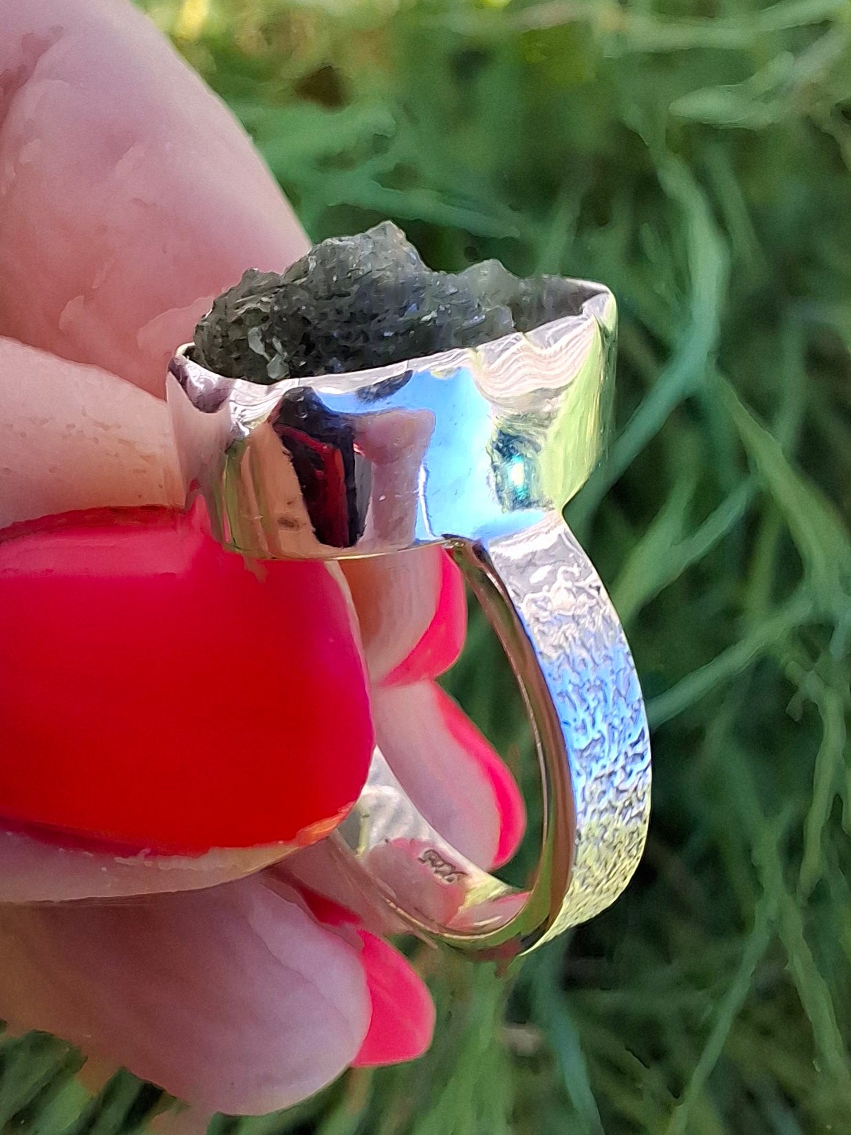 Moldavite Ring, size H, 925 Silver, Tektite (Ref: R294)